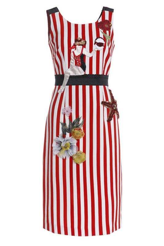 CASUAL VERTICAL STRIPE EMBROIDERY SLIM SLEEVELESS ROUND NECK DRESS