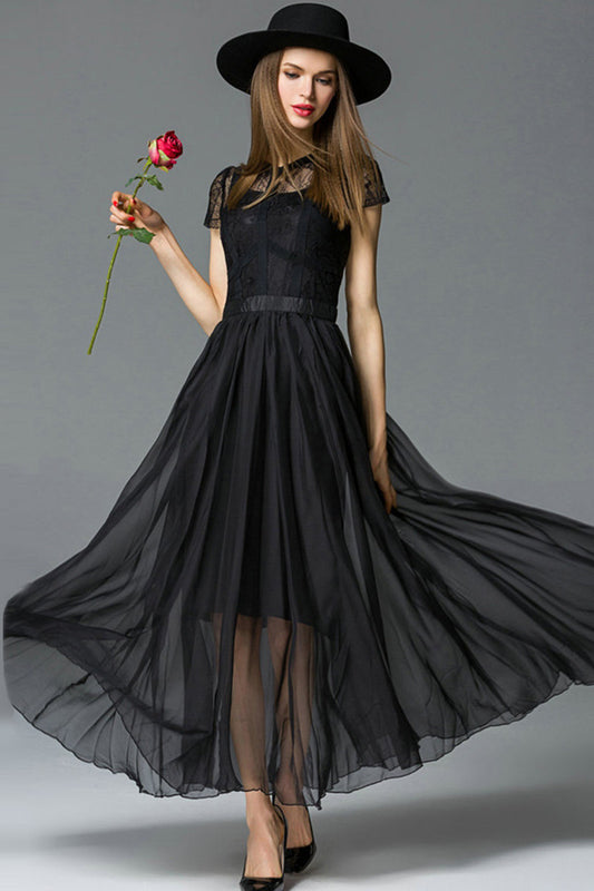 Elegant Cap Sleeve Chiffon Sheer Maxi Cocktail Dress