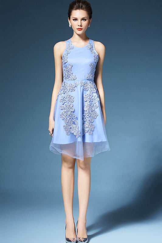 CHIFFON FLOWER EMBROIDERY A-LINE ROUND NECK SLEEVELESS COCKTAIL DRESS