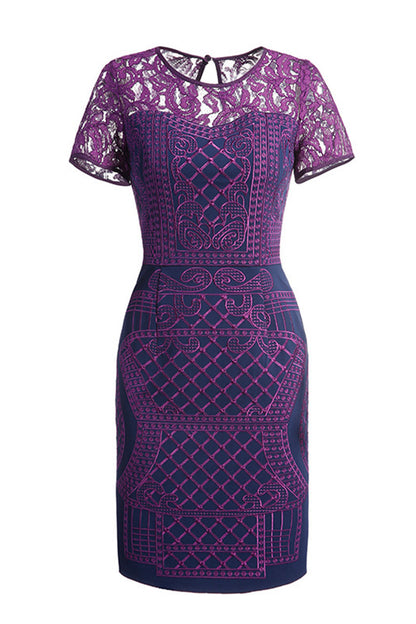 Round Collar Lace Illusion Patch Embroidery Slim Dress