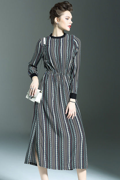 Round Collar Pope Print Shirring Waist Side Slit Midi Dress