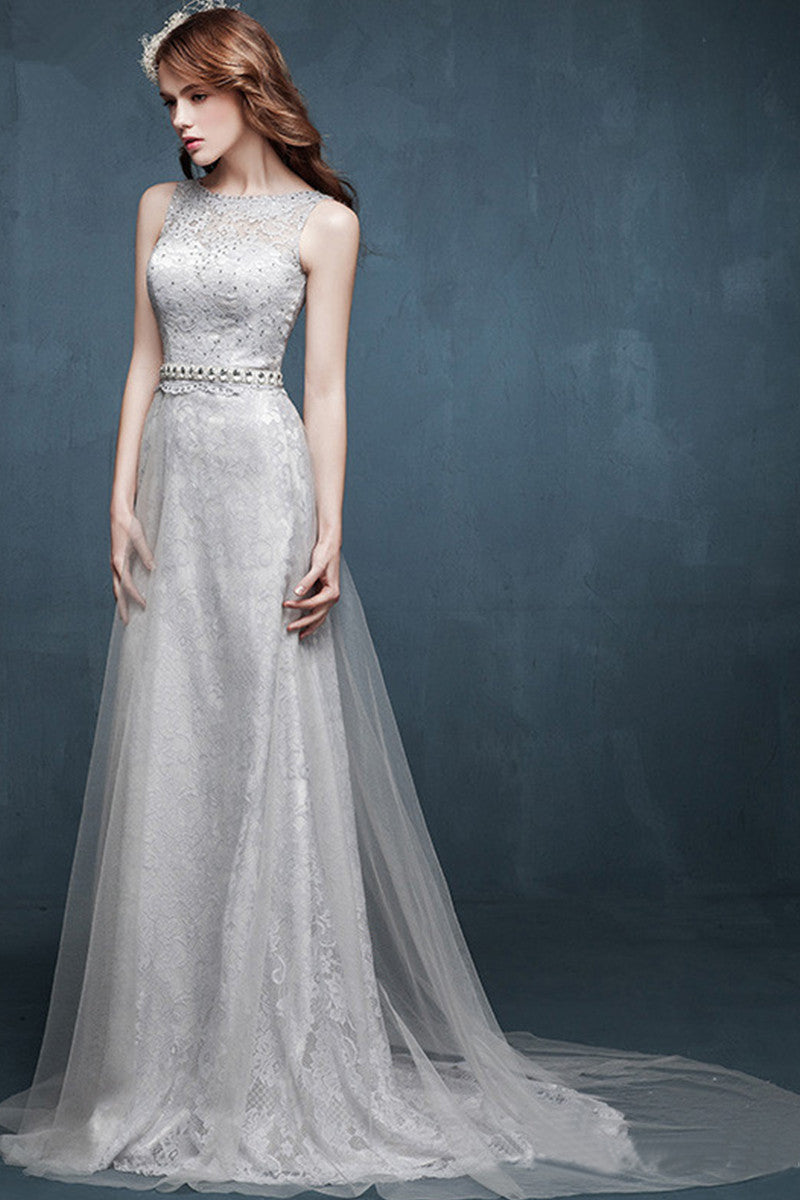Round Collar Beaded Empire Waist Lace Applique Slim Dress