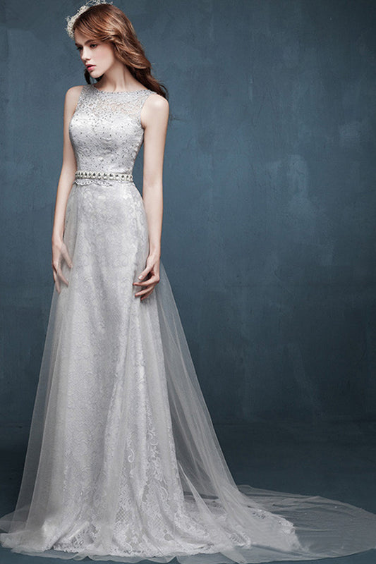 Round Collar Beaded Empire Waist Lace Applique Slim Dress