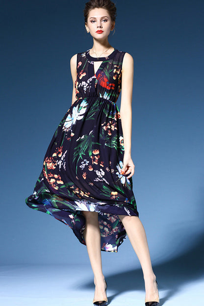 ELEGANT HOLLOW OUT ROUND NECK SLEEVELESS FLOWER PRINTING DRESS