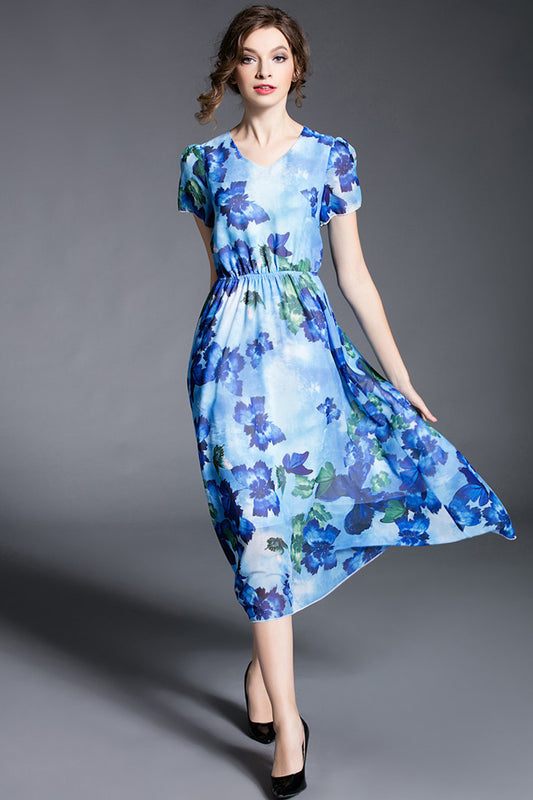 FLOWER PRINTING SHORT SLEEVE V NECK CASUAL VACATION DRESS