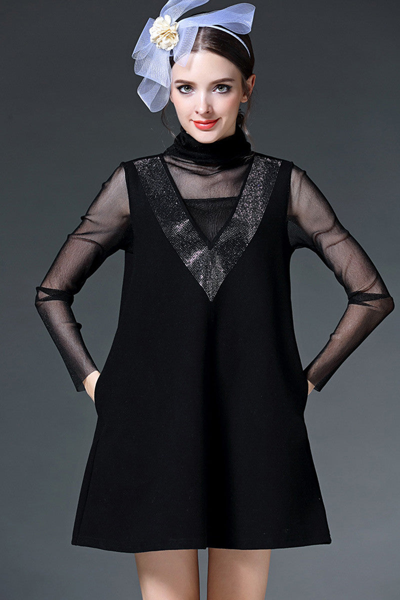 Little High Neck See Through Mesh Rhine-Stone Decoration Dress - NJOYDRESS - 5