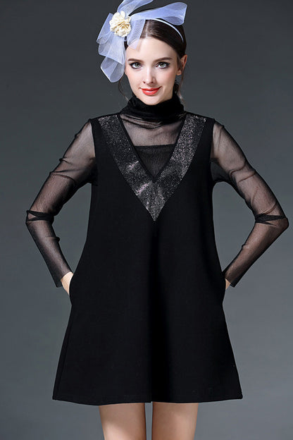 Little High Neck See Through Mesh Rhine-Stone Decoration Dress - NJOYDRESS - 5