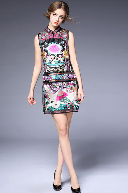 Sleeveless Stand Collar Peony Embriodery Slim Chirpaur
