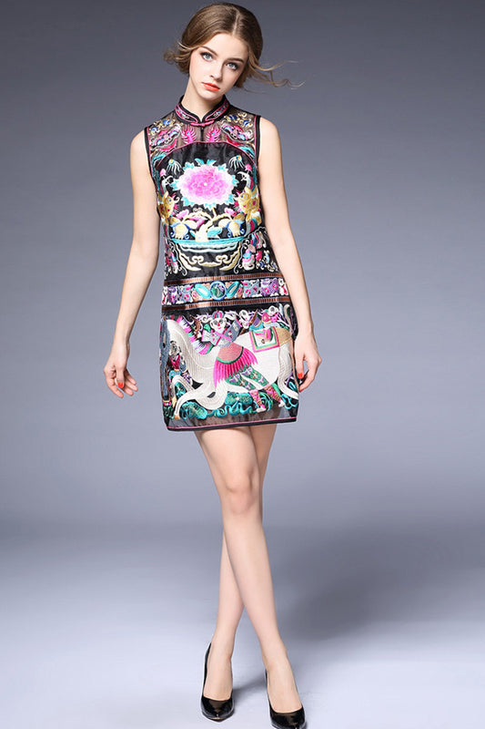 Sleeveless Stand Collar Peony Embriodery Slim Chirpaur