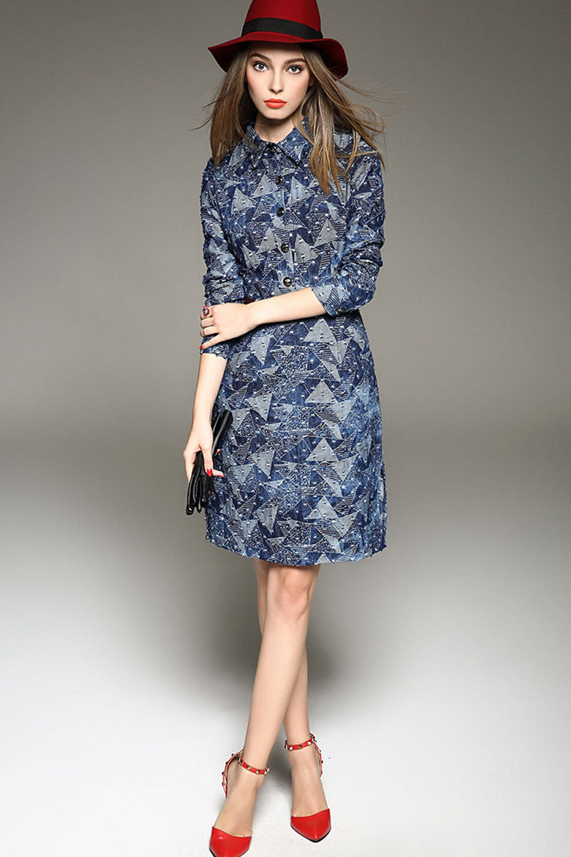 WOMEN'S ELEGANT POLO NECK 3/4 SLEEVE PRINT AND FLORAL SLIM VINTAGE DRESS