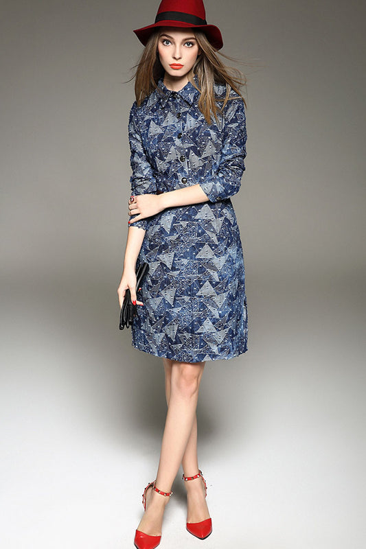 WOMEN'S ELEGANT POLO NECK 3/4 SLEEVE PRINT AND FLORAL SLIM VINTAGE DRESS