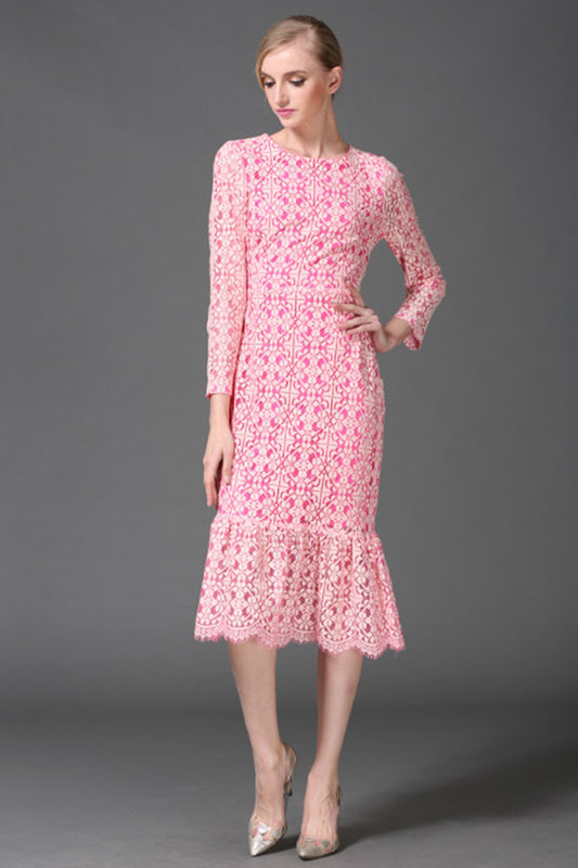 WOMEN'S ROUND NECK LACE  LONG SLEEVE MIDI DRESS