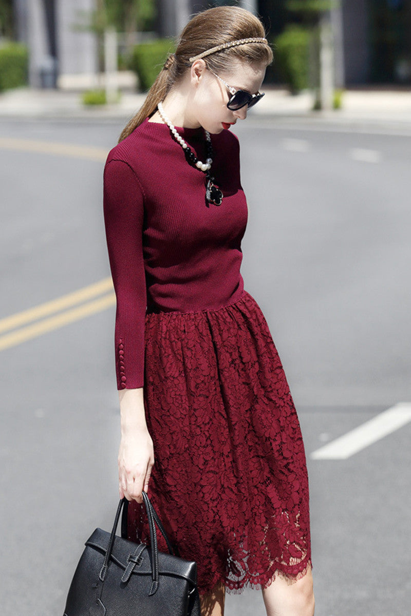 Rib Slim Top With Camellia Pattern Lace Skirt Dress