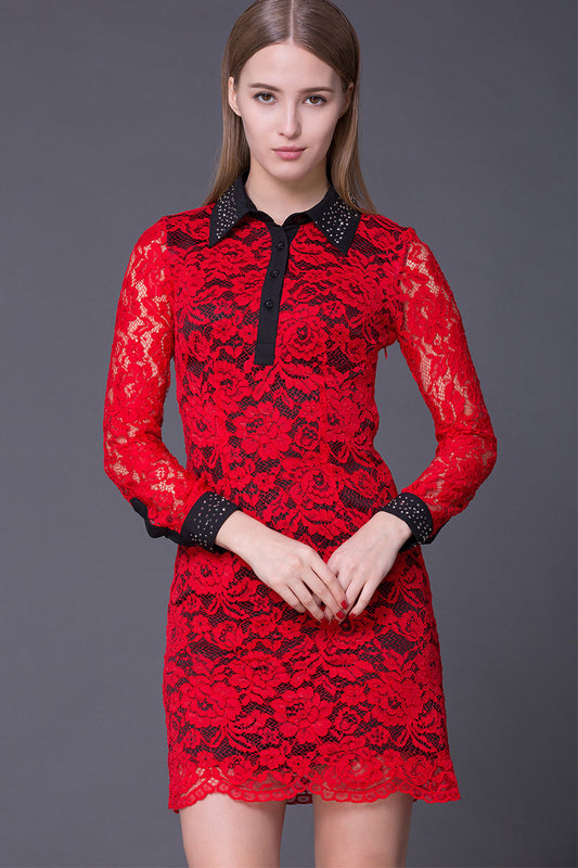 Camellia Pattern Full Lace Dress  With  Stone  Decroration - NJOYDRESS - 1