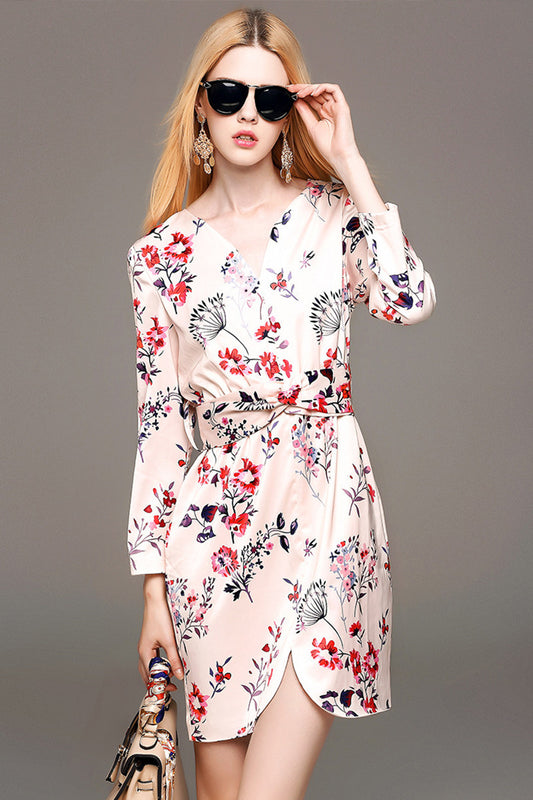 Women's Elegant Printing Long Sleeve Flower Dress Embroidery - NJOYDRESS - 1