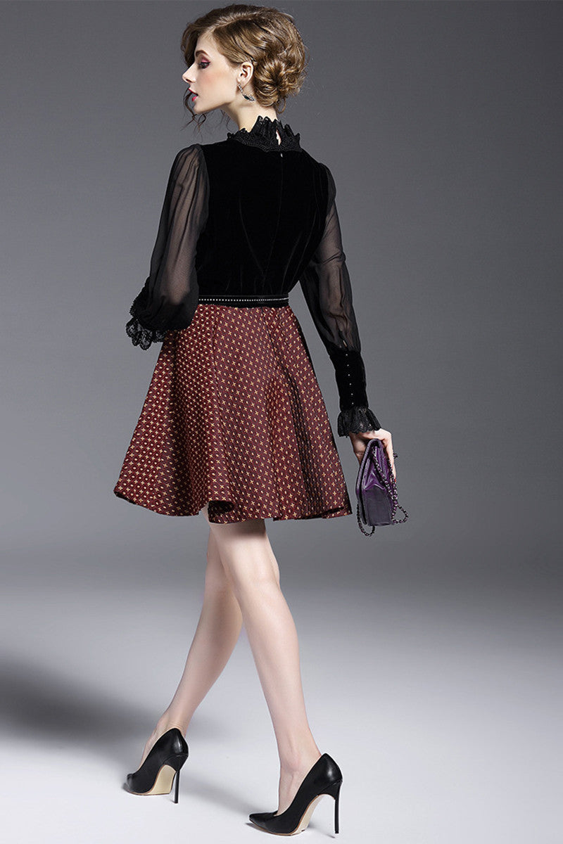 Lace Neck See Through Chiffon Sleeve Swing Dress With Belt - NJOYDRESS - 3