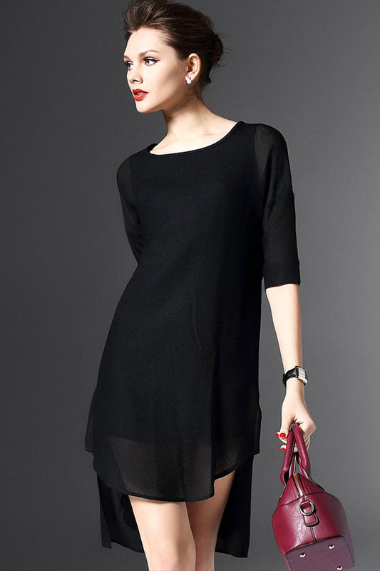 Round Collar 3/4 Sleeve Mesh Patch Irregular High-Low Butterly Embroidered  Dress