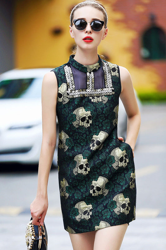 Stand Collar Sequin Skull Pattern Slant Pocket Slim Dress