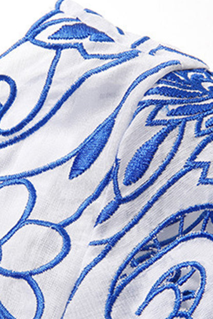 Round Collar Blue And White Porcelain Embroidery Slim Dress