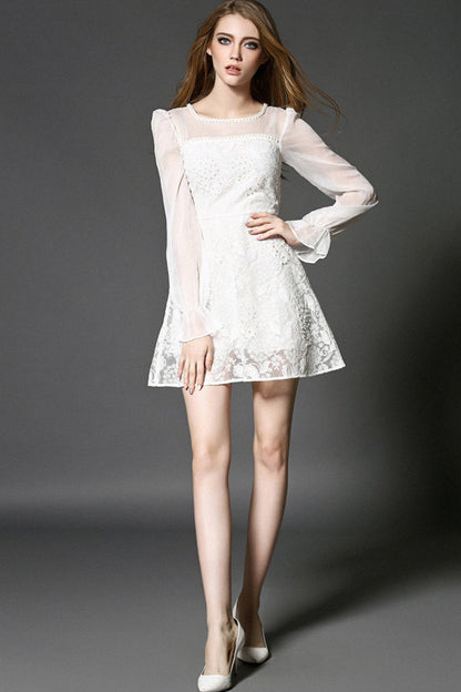 WOMEN'S GRACE ROUND NECK LACE LONG SLEEVE SLIM DRESS