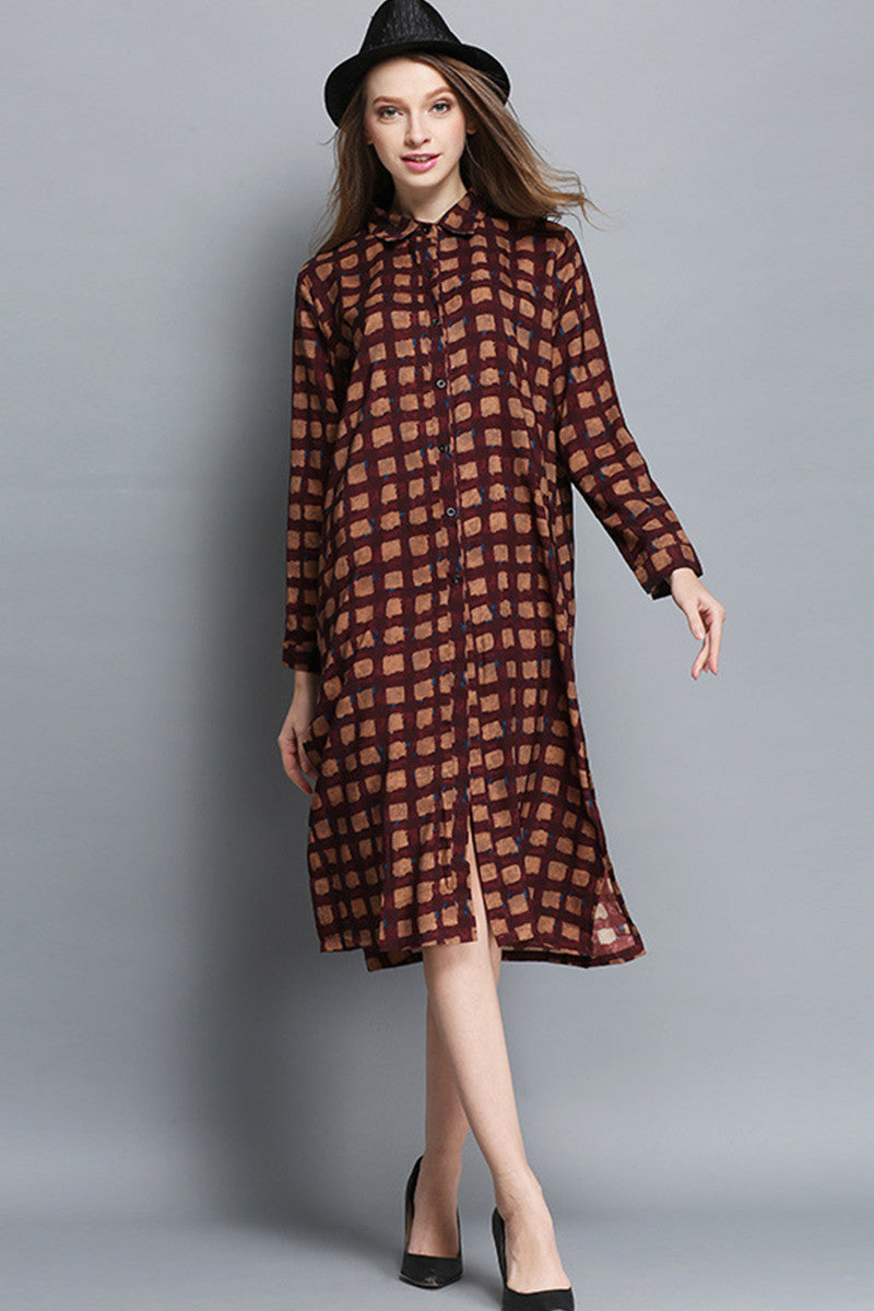 Napel Neck Button Down Front Slit Plaid Print Loose Shirt Plus-Size  Dress