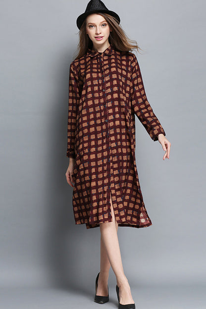Napel Neck Button Down Front Slit Plaid Print Loose Shirt Plus-Size  Dress