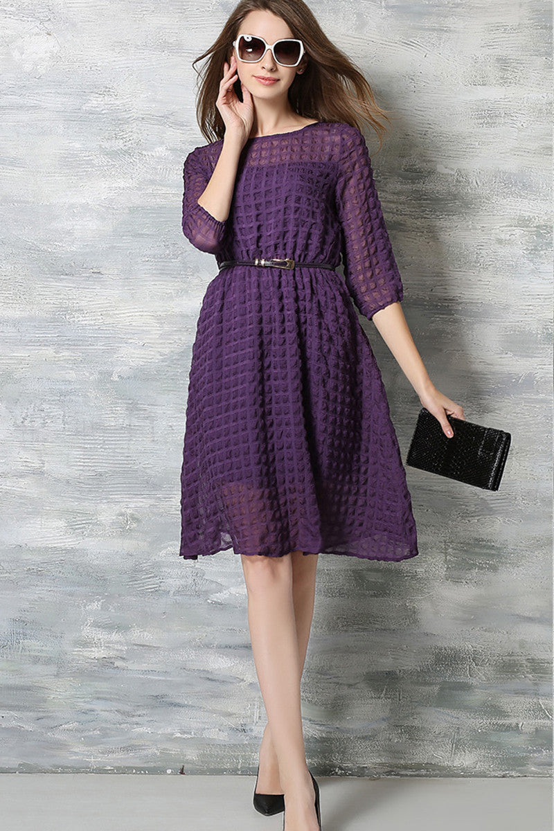 WOMEN'S CASUAL WEAR TO WORK HALF SLEEVE BOAT NECK DRESS WHIT BELT