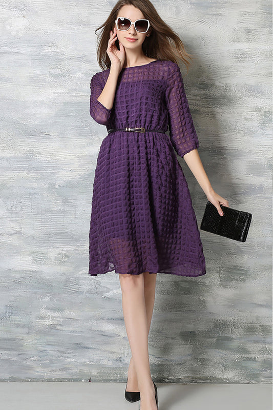 WOMEN'S CASUAL WEAR TO WORK HALF SLEEVE BOAT NECK DRESS WHIT BELT