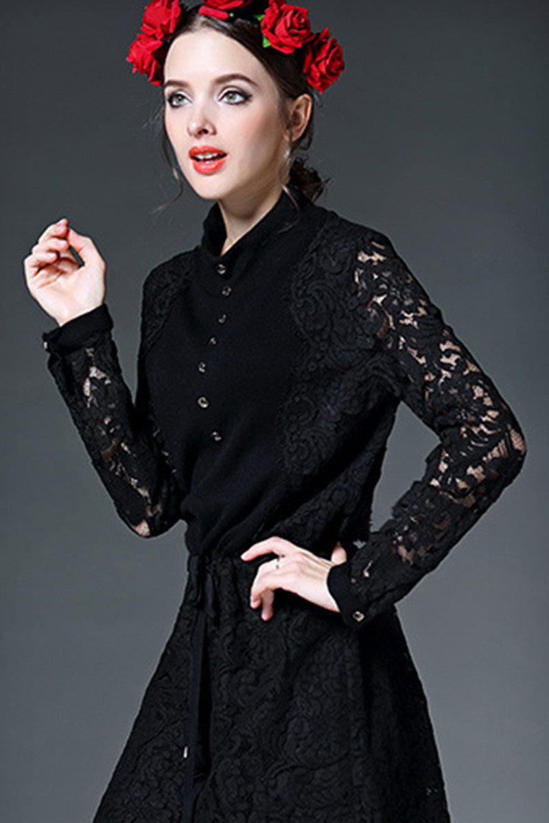 Little High Neck Button Lace Patch Waist Lacing Mini Dress - NJOYDRESS - 5