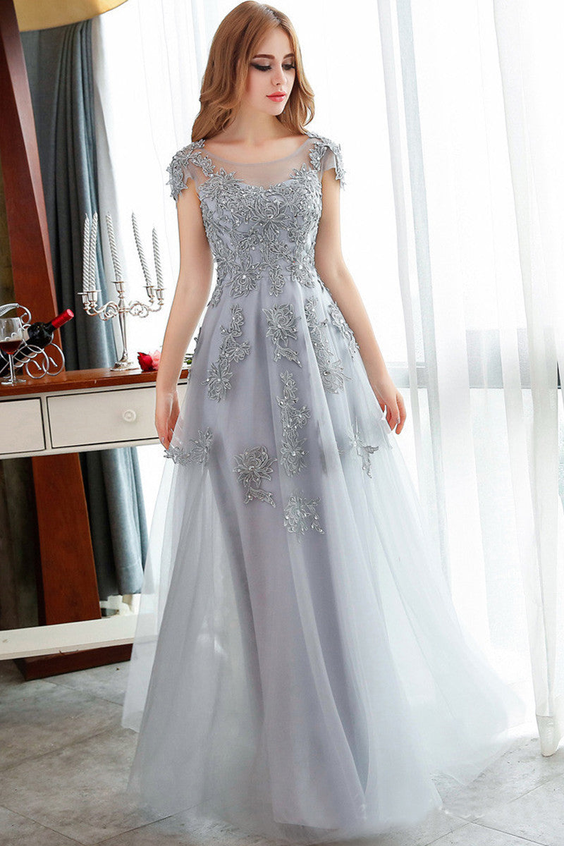 Round Collar Beaded Lace Applique Backless Tulle  Runched Grown Dress