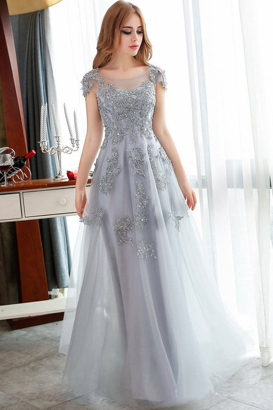 Round Collar Beaded Lace Applique Backless Tulle  Runched Grown Dress