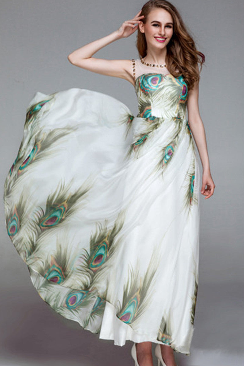 Round Collar Bead Sheer Mesh Peacock Print Hollow-Out Back Gown