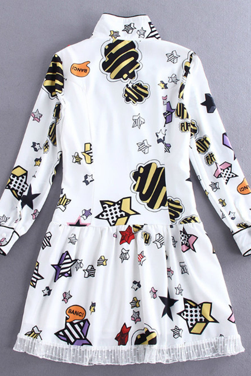 V Neck Cartoon Print Lace Hemline Pleated Dress
