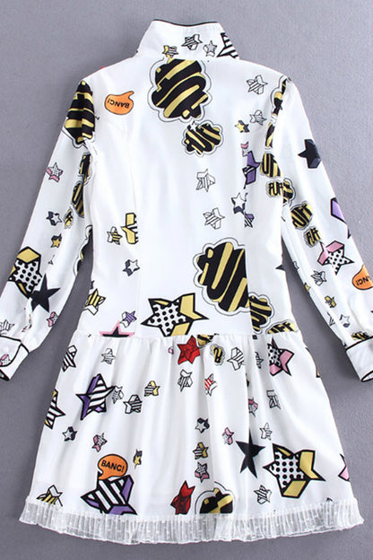 V Neck Cartoon Print Lace Hemline Pleated Dress