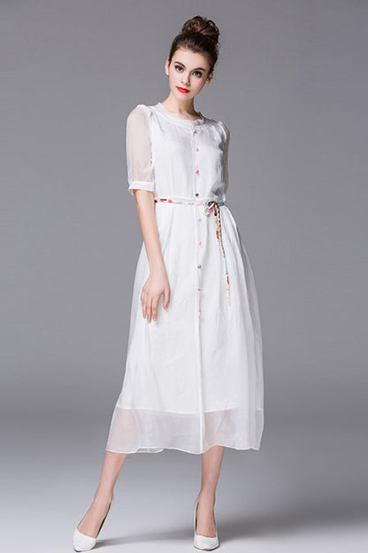 Puff Sleeve Button Down Shirt Solid Casual Dress