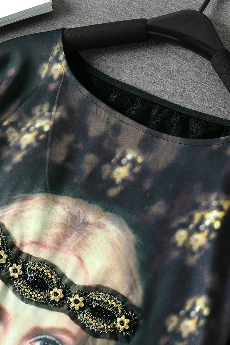 Round Collar Character Image Beaded Bat Sleeve Lace Back Top