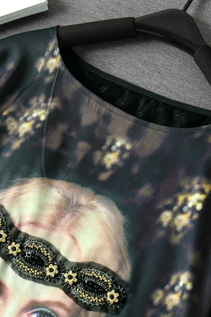 Round Collar Character Image Beaded Bat Sleeve Lace Back Top