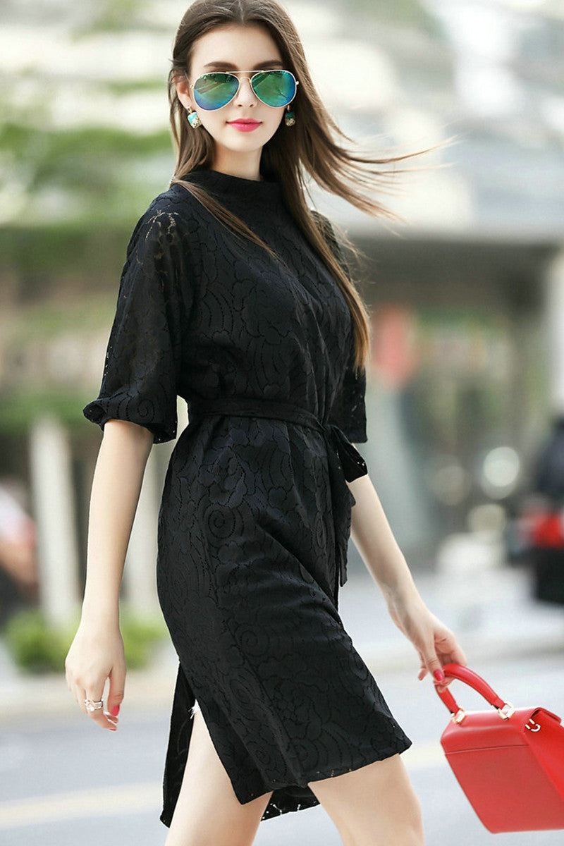 Puff Sleeve Full Lace Dress with Self Belt