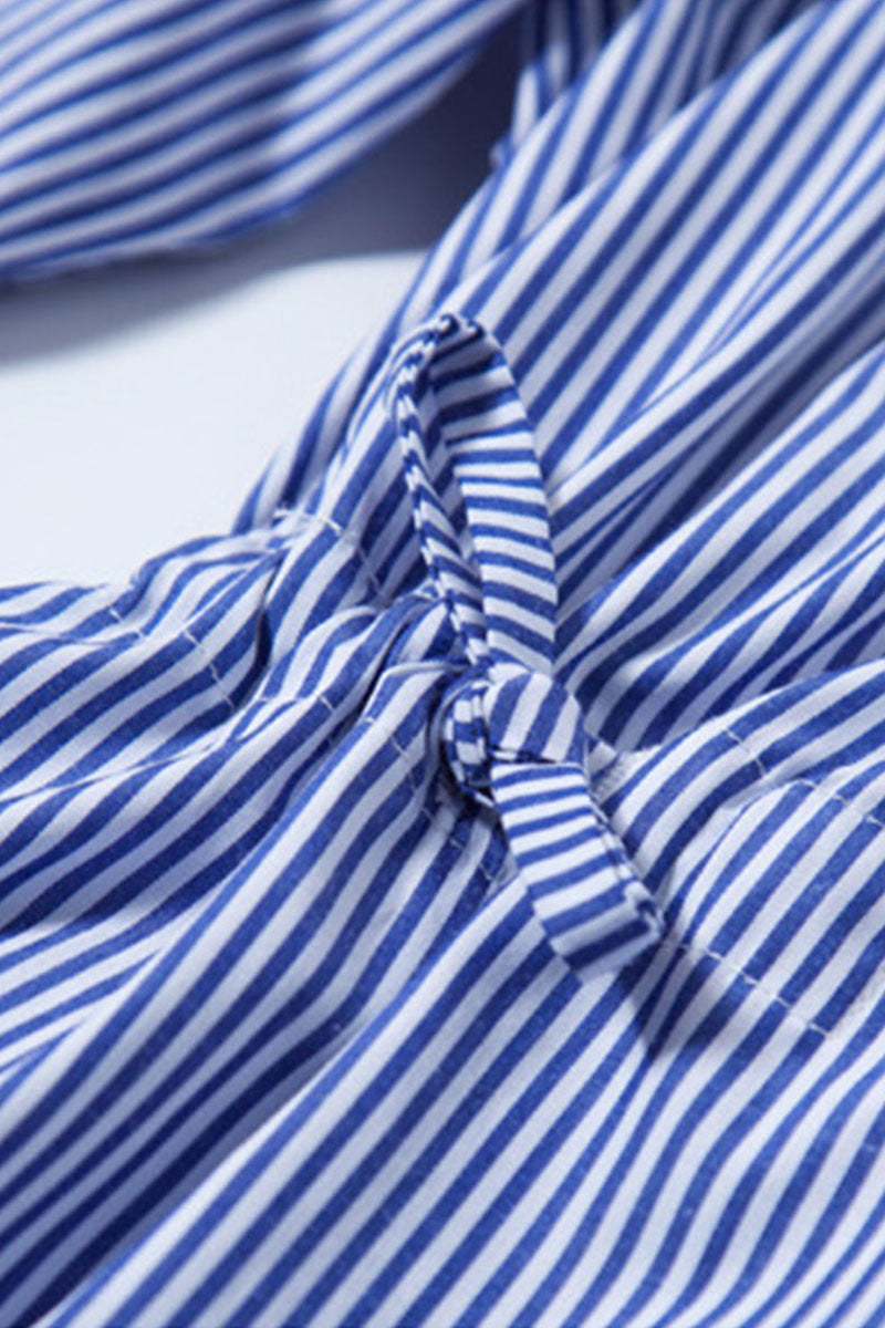 Roll Collar Slim Line Pattern Shirring Waist Shirt - NJOYDRESS - 4