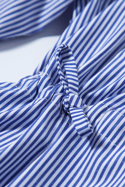Roll Collar Slim Line Pattern Shirring Waist Shirt - NJOYDRESS - 4
