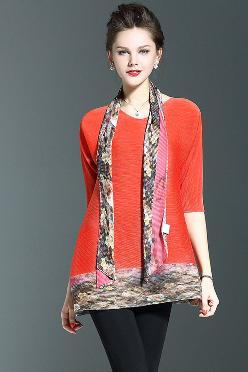 Scoop Neck Abstract Print Fold Loose Dress With Neckerchief
