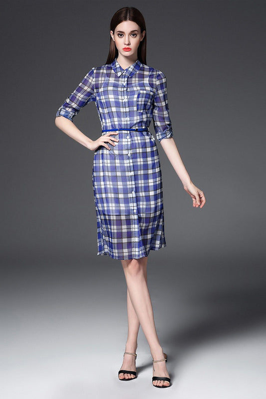 Lapel Neck Pleat Pattern Print Single Button Mini Dress With Belt And Underwear