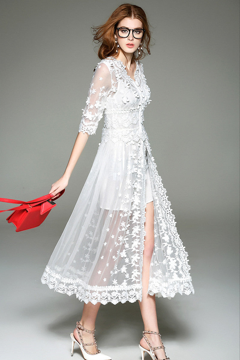 Grace V Neck Half Sleeve Stitchwork Dress