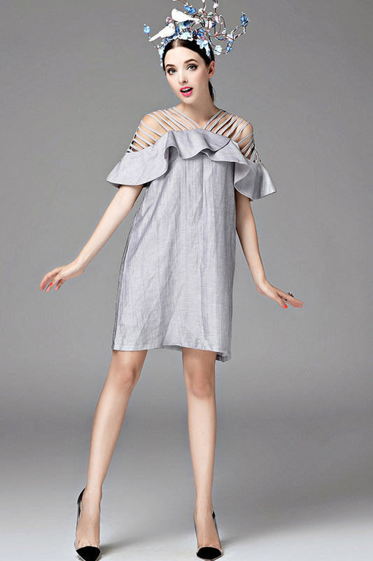 Hollow Out Open Shoudler Ruffle Hem Loose Dress