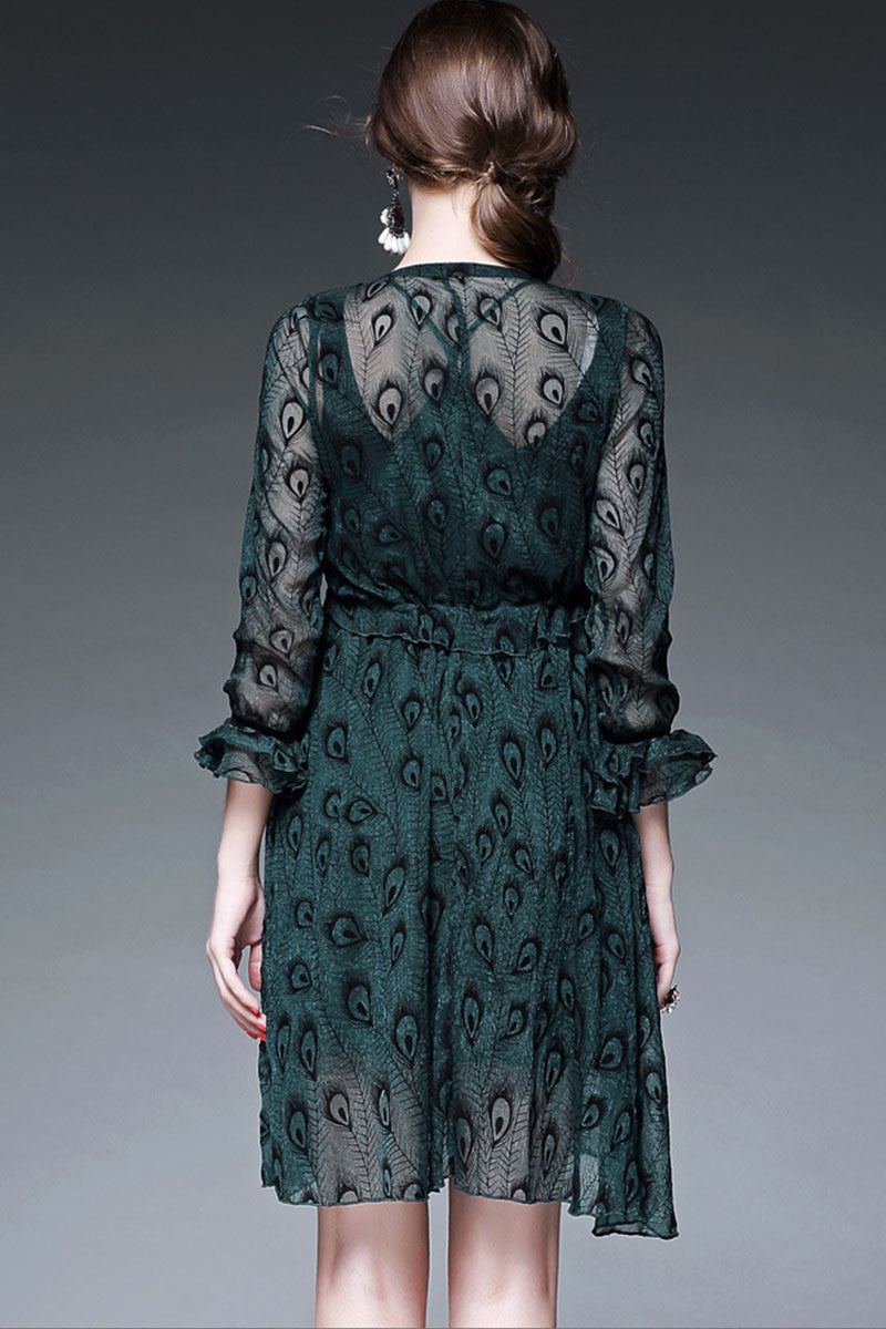 Round Beaded Collar  Sheer Ruffle  Sleeve Swing Dress - NJOYDRESS - 3