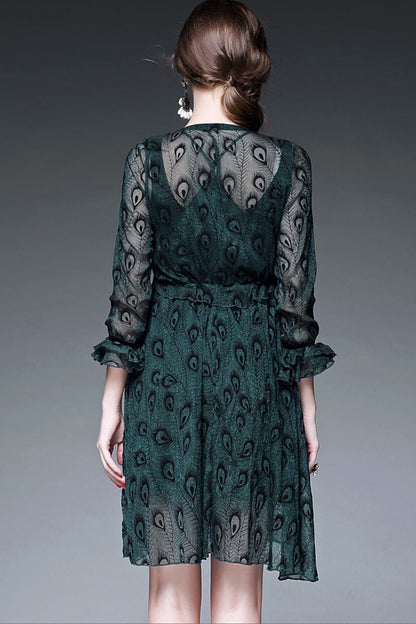 Round Beaded Collar  Sheer Ruffle  Sleeve Swing Dress - NJOYDRESS - 3