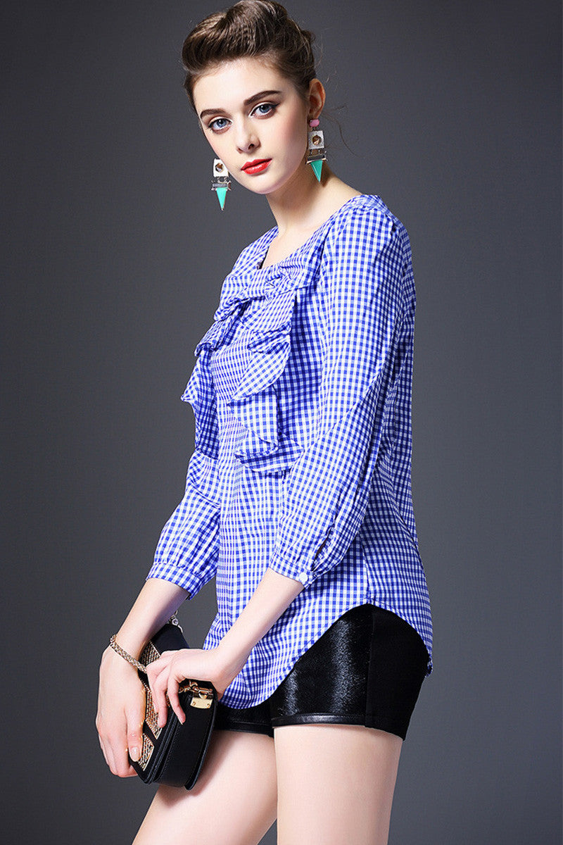 Grid Ruffle Neck Blouse