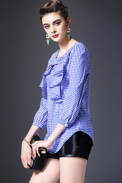 Grid Ruffle Neck Blouse