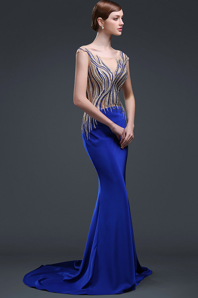 Nude Lace Top With Stone Feather Pattern Long Mermaid Expansion Dress