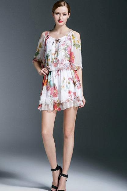 Round Collar Open Sleeve Floral Print  Elastic Waist Runched Hot Dress